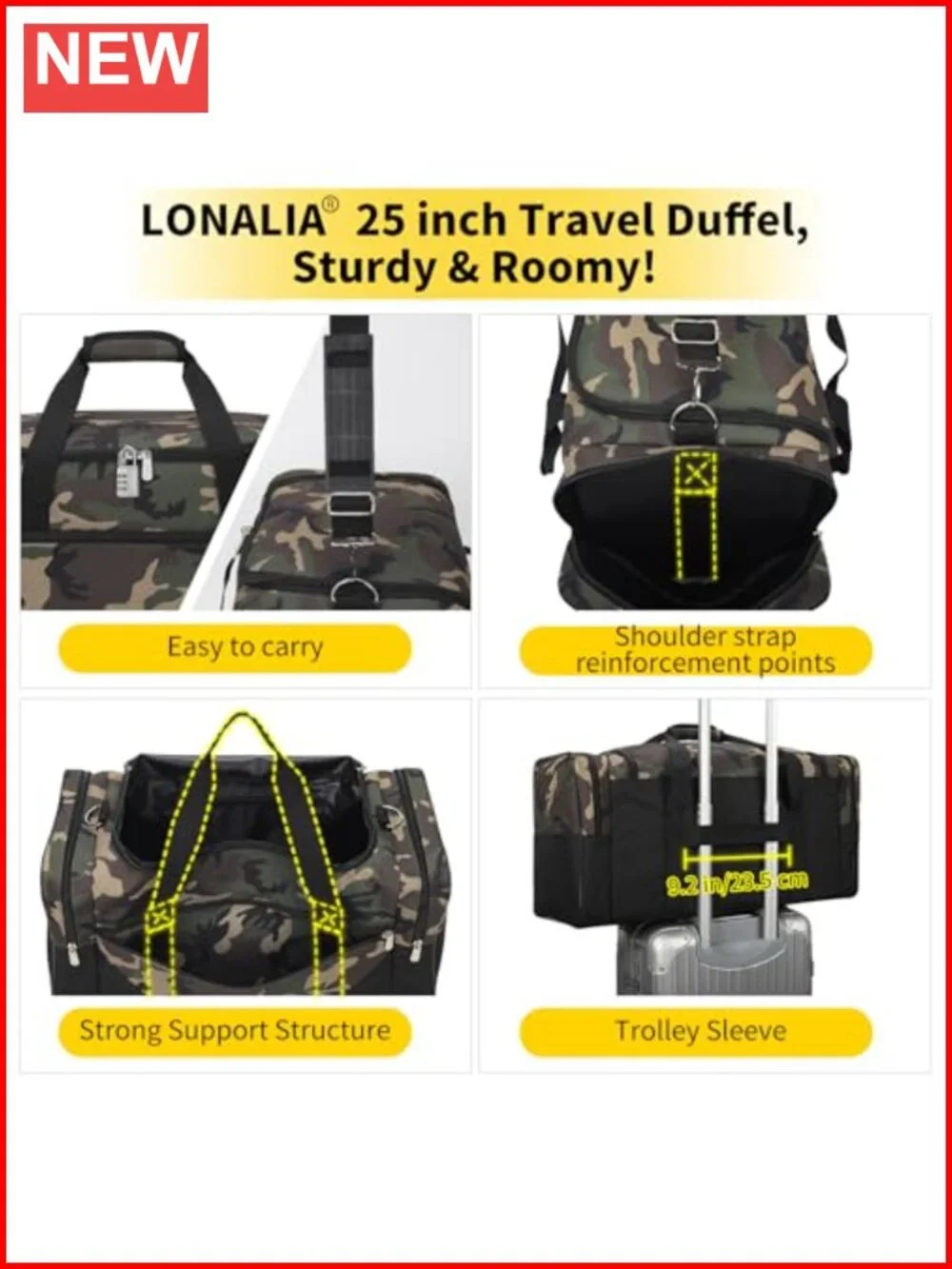 Large Travel Duffel Bag 56L Weekender with Trolley Sleeve